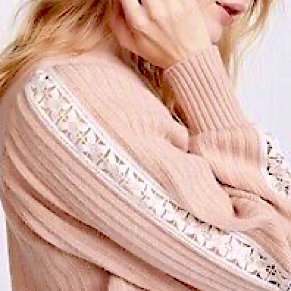 See by Chloe Wool Blend Knit Lace Sleeve Crewneck Sweater Cameo Rose Size M $325 - Picture 2 of 14